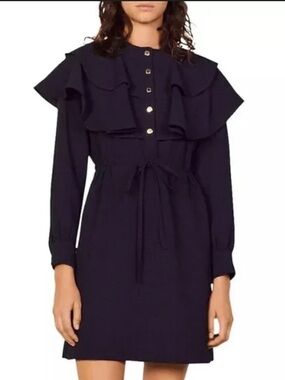 Sandro Wendy Ruffle Collar Long-Sleeve Dress in Navy